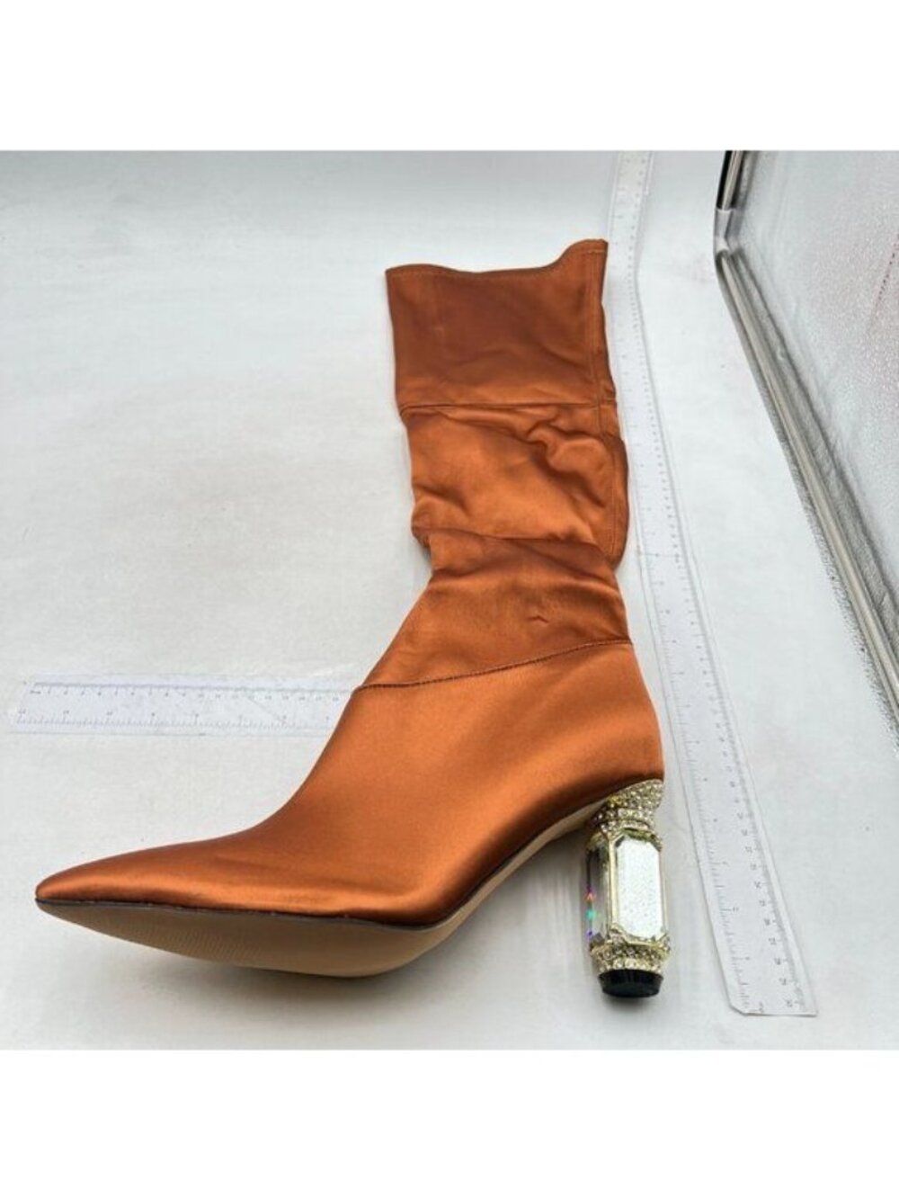 FSJ Knee High Stretch Long Boots Pointed Toe Crystal Block Chunky Heel Brown
